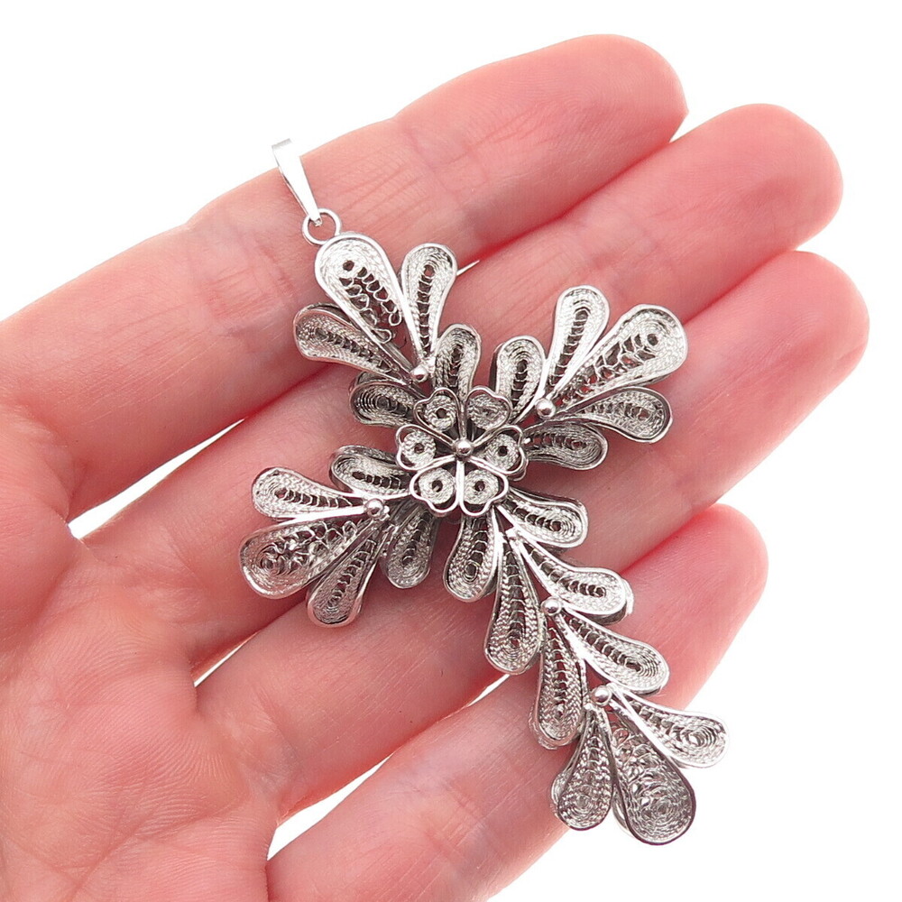 925 Sterling Silver Antique Art Deco Cross Floral Filigree Oxidized Pendant